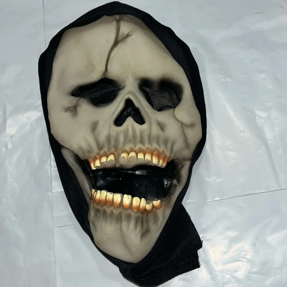 Skull face mask SCARY HORROR teeth open mouth cracked skull black hood Halloween